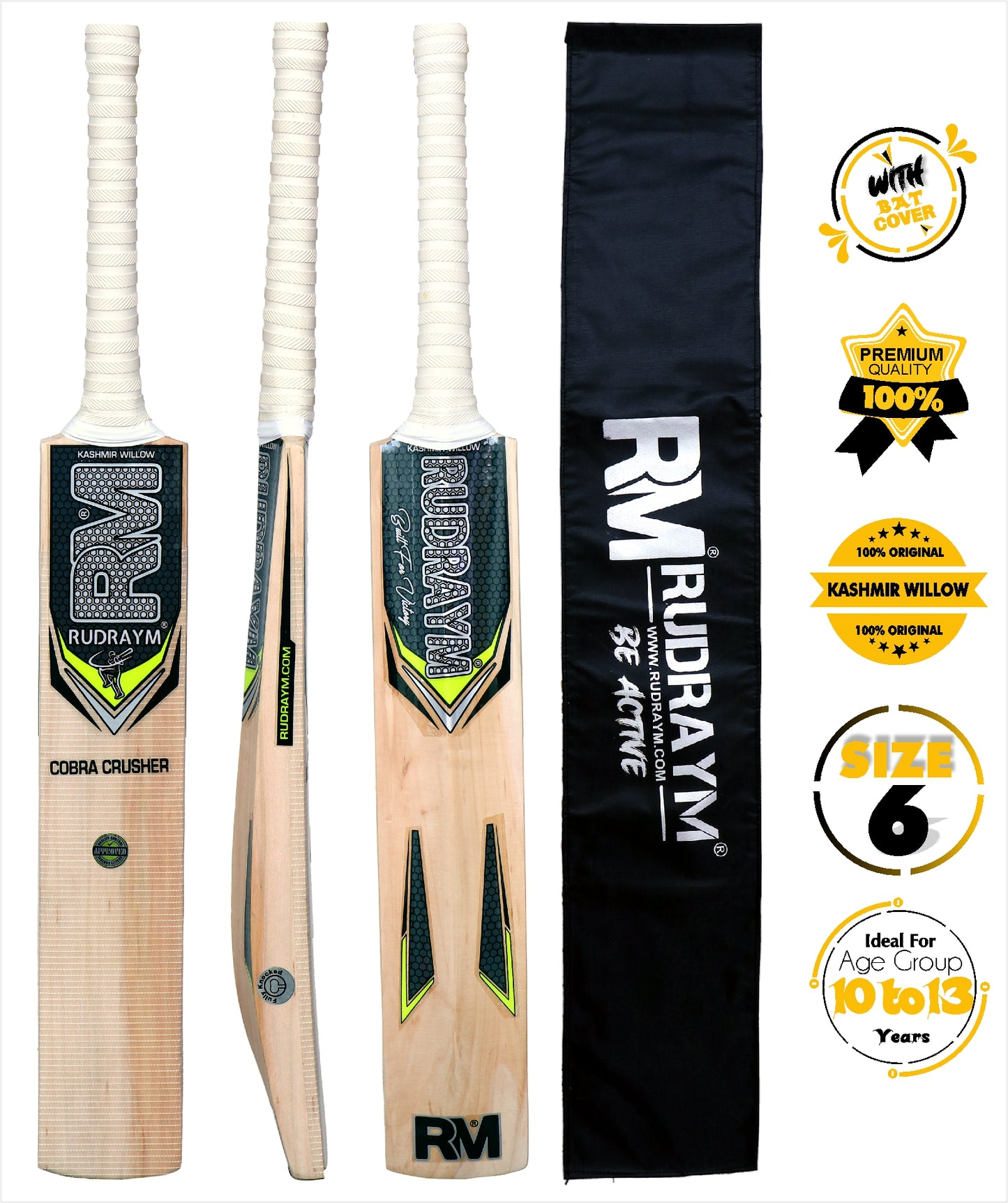 RUDRAYM Kids Cricket Bat RM CobraCrusher Size 6 Kashmiri Willow Wood For Leather Ball Kashmir Willow Cricket Bat (700-900 g)