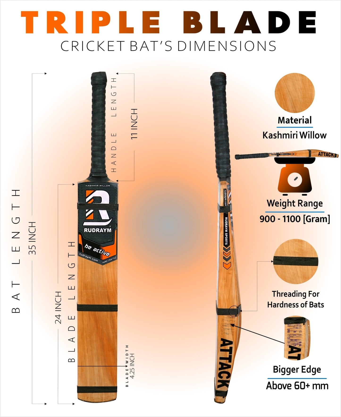 RUDRAYM ATTACK Triple Blade Kashmiri Scoop Design Hard Tennis Bat (SH) With Tetron Cover Kashmir Willow Cricket Bat For 15+ Yrs (1000 g) - RUDRAYM SPORTS