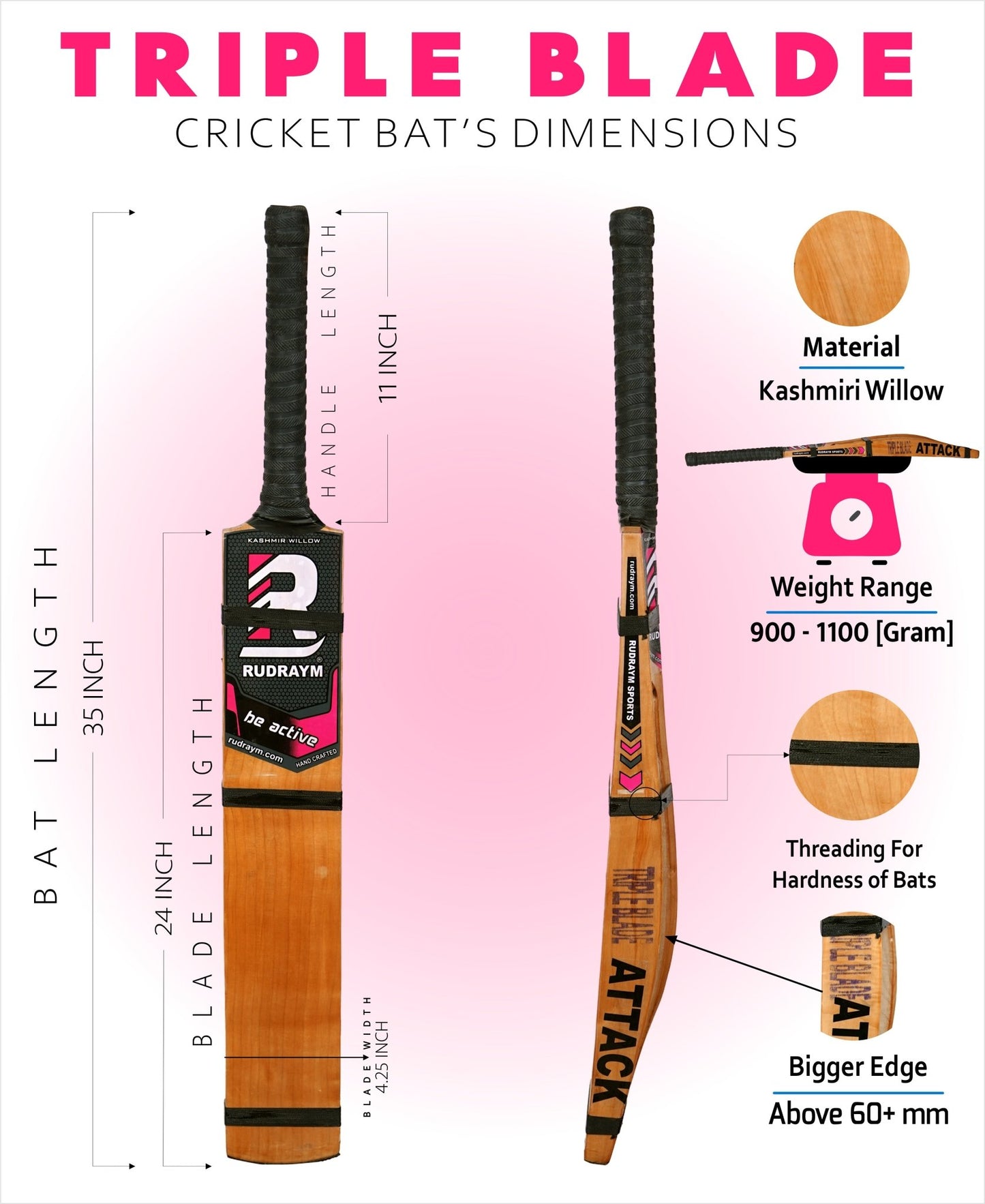 RUDRAYM ATTACK Triple Blade Scoop Design (SH) Kashmiri Hard Tennis Bat With Tetron Cover Kashmir Willow Cricket Bat For 15+ Yrs (1000 g) - RUDRAYM SPORTS