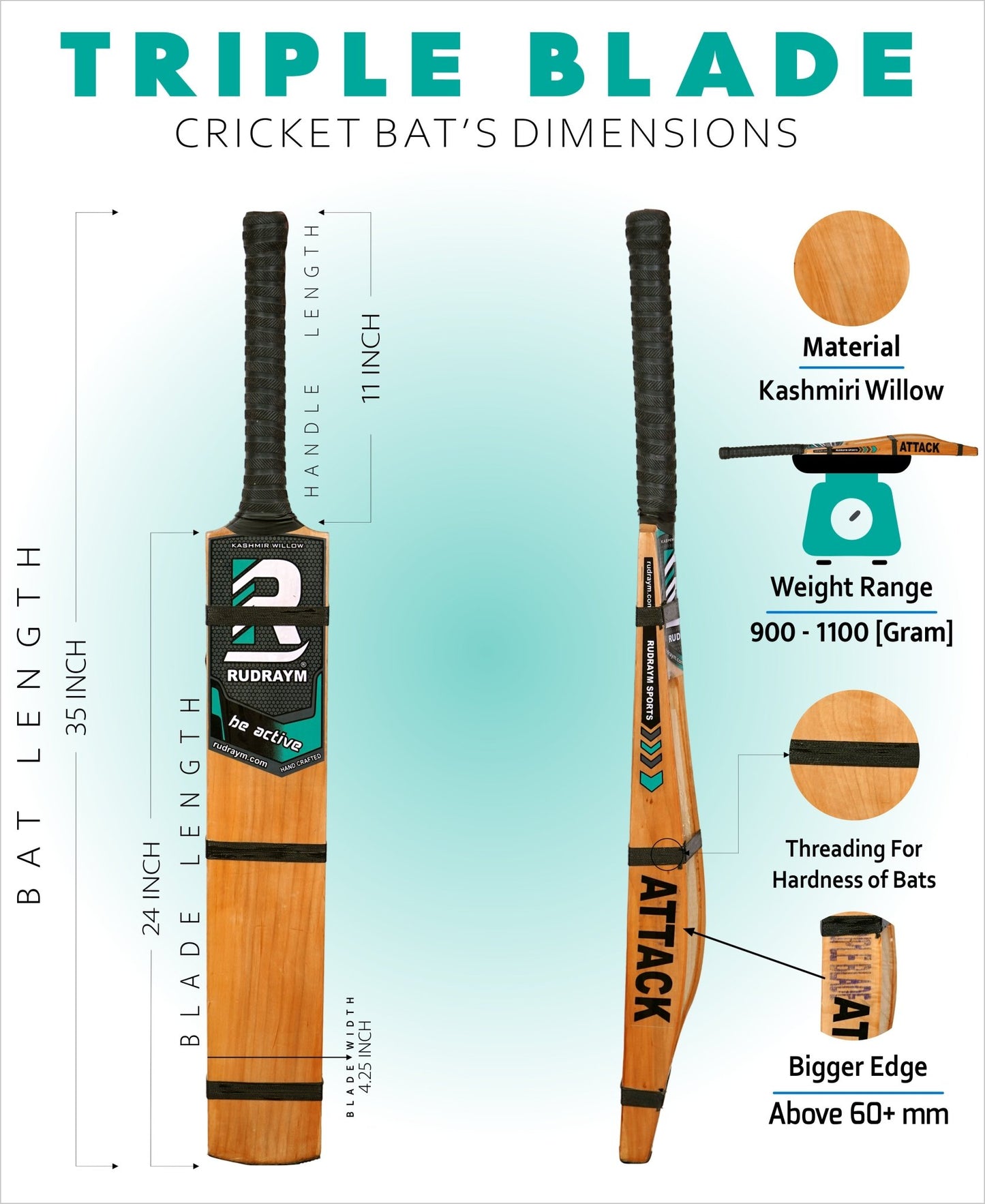 RUDRAYM ATTACK Triple Blade Scoop Kashmiri Willow (SH) Hard Tennis Bat with Tetron Cover Kashmir Willow Cricket Bat For 15+ Yrs (1000 g) - RUDRAYM SPORTS
