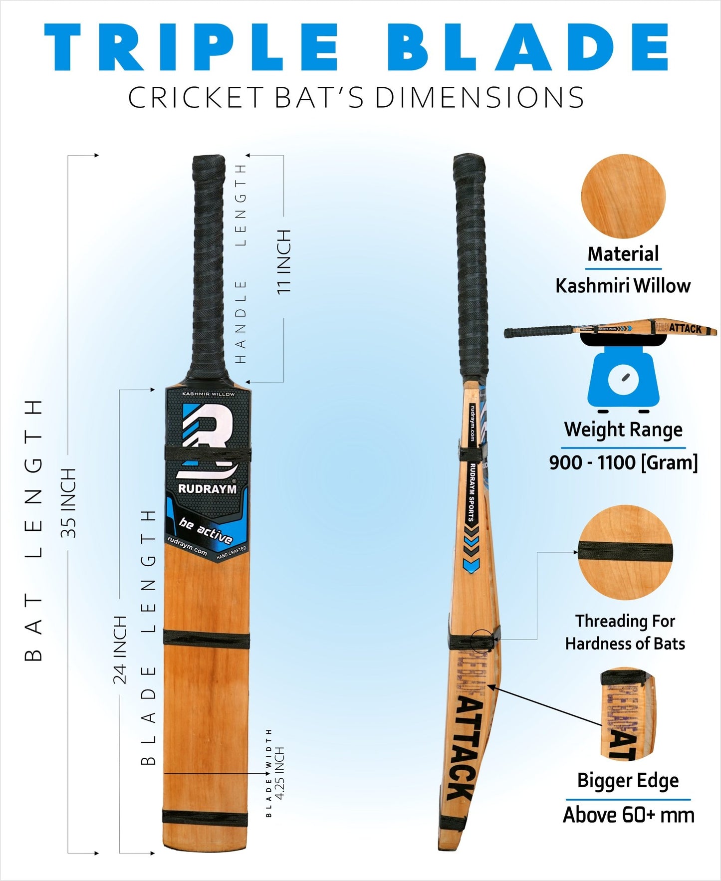 RUDRAYM ATTACK Triple Blade (SH) Kashmiri Scoop Design Hard Tennis Bat With Tetron Cover Kashmir Willow Cricket Bat For 15+ Yrs (1000 g) - RUDRAYM SPORTS