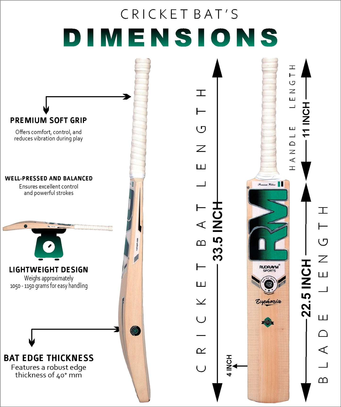 RUDRAYM RM Euphoria English Willow Cricket Bat | Pre - Knocked for Leather Ball | Full - Size Bat for Adults | Singapore Cane Handle | Lightweight & Durable | 15+ Years | 1080 - 1120g - Rudraym Sports