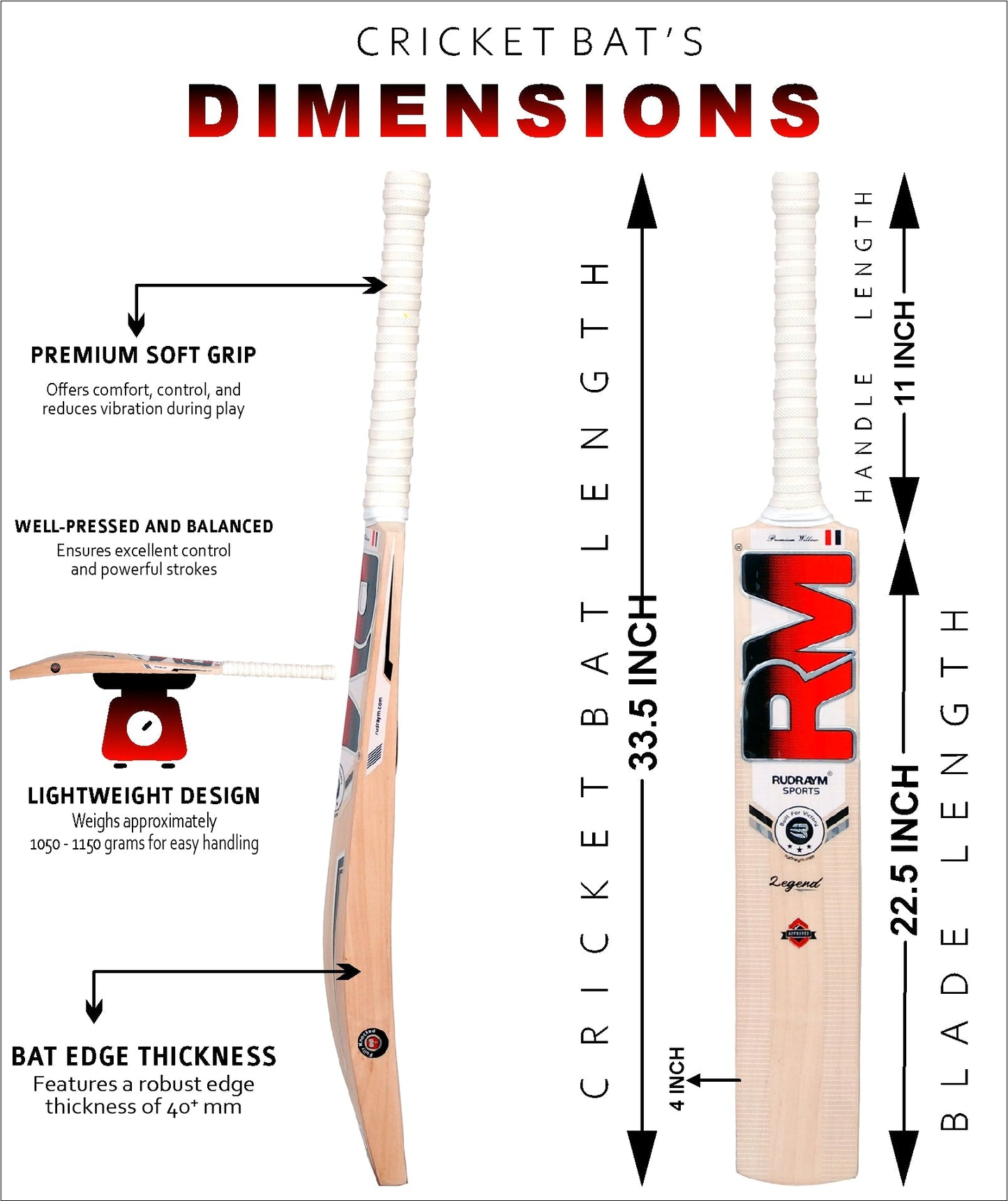RUDRAYM RM Legend English Willow Cricket Bat | Pre - Knocked for Leather Ball | Full - Size Bat for Adults | Singapore Cane Handle | Lightweight & Durable | 15+ Years | 1080 - 1120g - Rudraym Sports