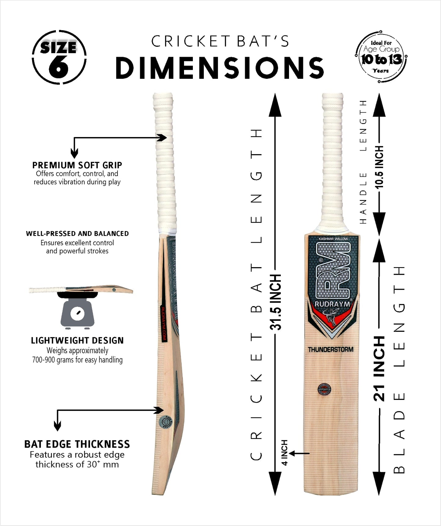 RUDRAYM RM ThunderStorm Edition Kashmiri Willow Wood Kids Cricket Bat For Leather Ball Size 6 Kashmir Willow Cricket Bat (700 - 900 g) - RUDRAYM SPORTS