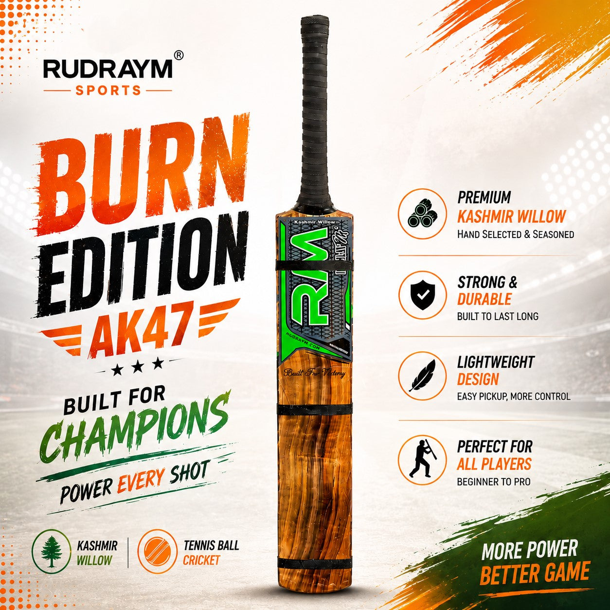 RUDRAYM Kashmir Willow scoop double blade cricket bat for tennis ball cricket