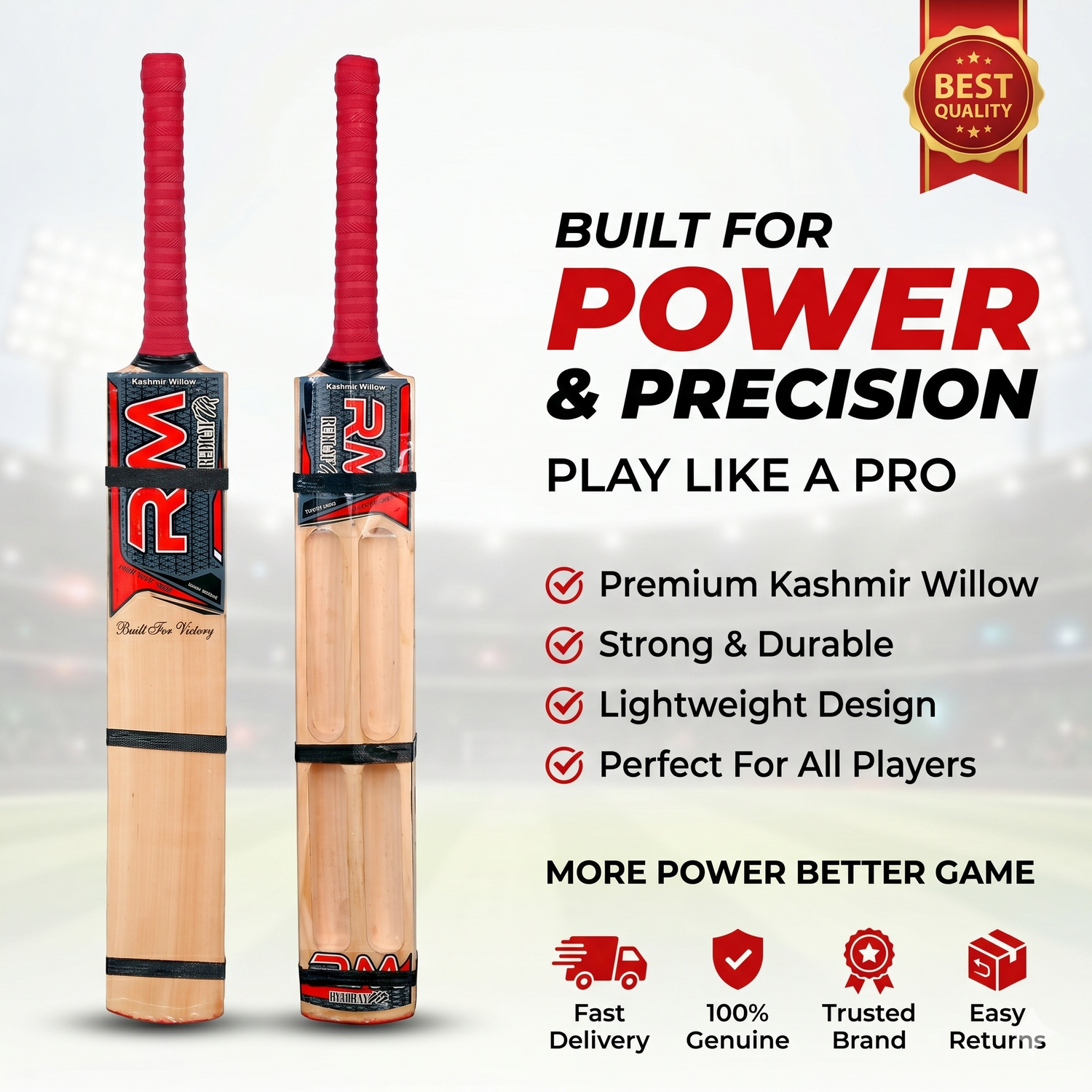 RUDRAYM Kashmir Willow cricket bats with red handles, front and back views