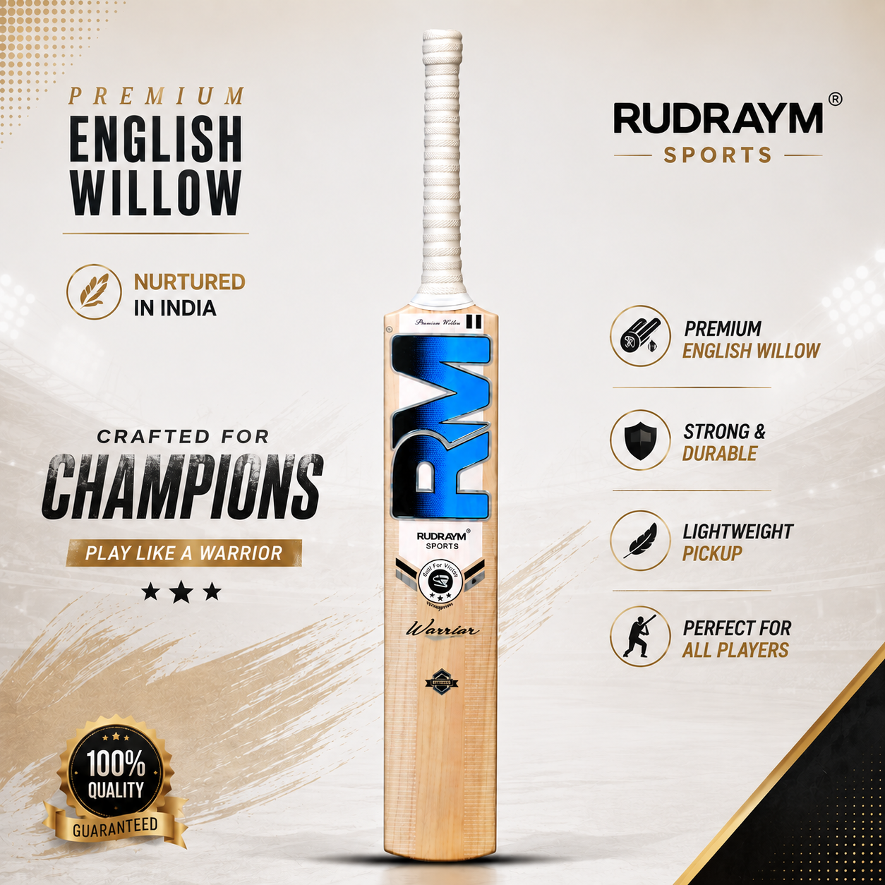 English Willow Cricket Bat - Premium Leather Bats for Leather Ball Cricket - RUDRAYM SPORTS
