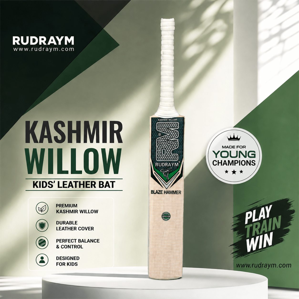 Kashmir Willow Kids Leather Cricket Bats - Rudraym Sports
