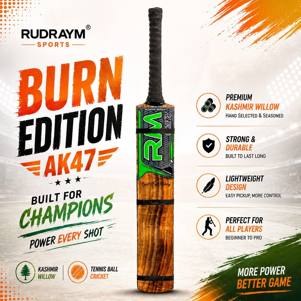 Kashmir Willow Scoop Tennis Bats | RUDRAYM - Rudraym Sports