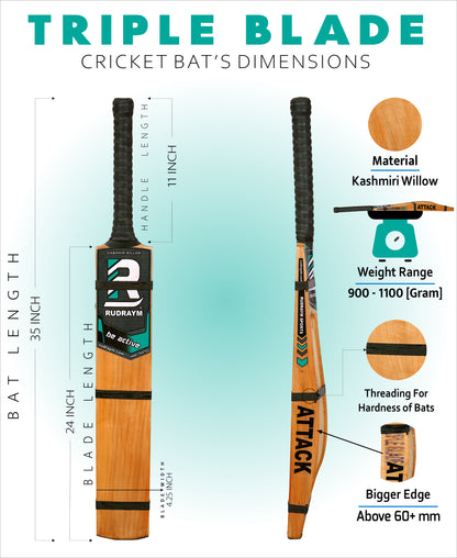 RUDRAYM ATTACK Triple Blade Scoop Kashmiri Willow (SH) Hard Tennis Bat with Tetron Cover Kashmir Willow Cricket Bat For 15+ Yrs  (1000 g)