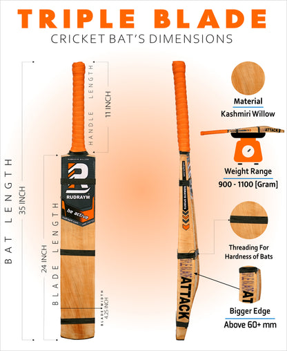 RUDRAYM ATTACK Triple Blade Kashmiri Willow (SH) Scoop Hard Tennis Bat with Tetron Cover Kashmir Willow Cricket Bat For 15+ Yrs  (1000 g)