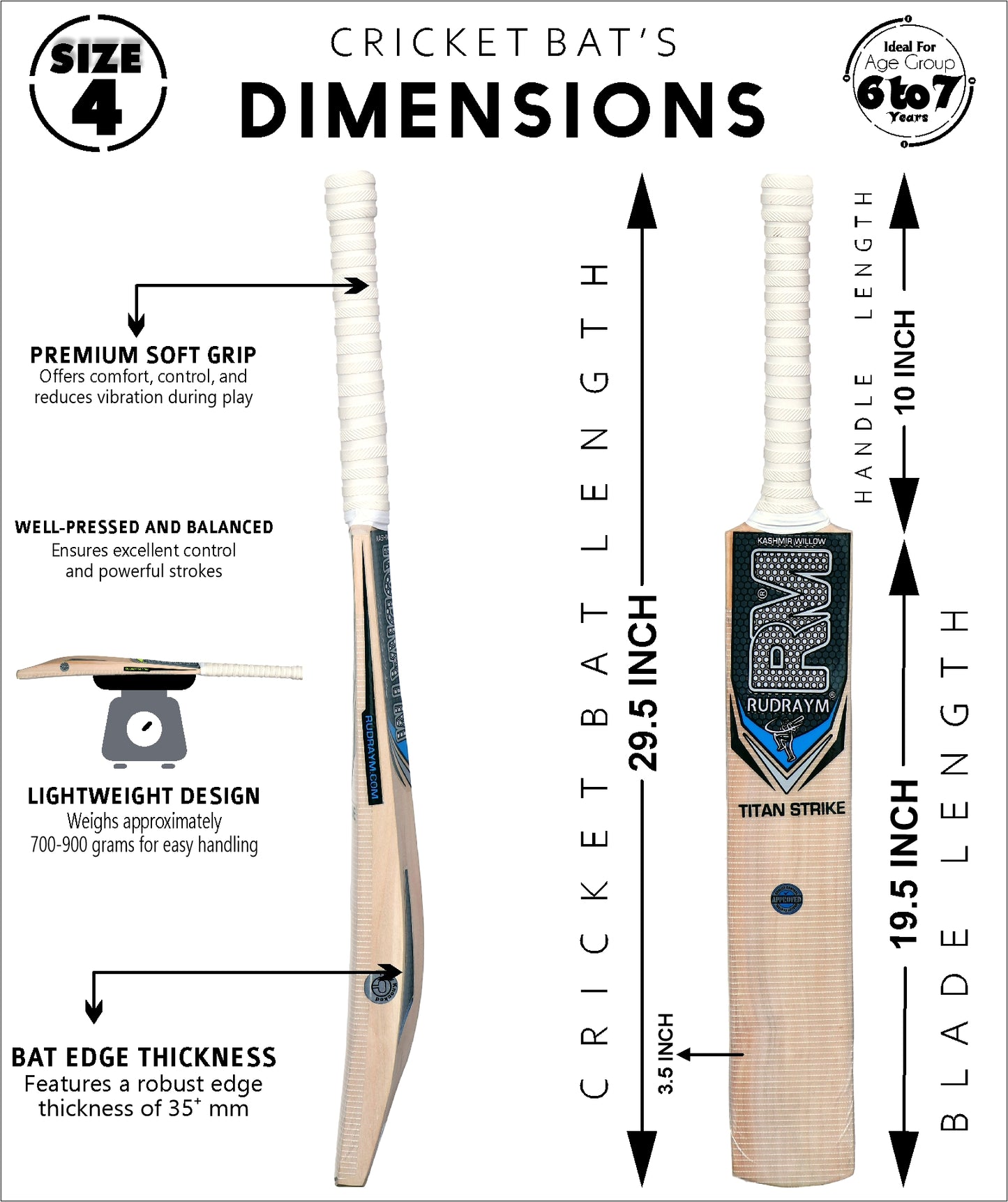 RUDRAYM Kids Cricket Bat RM TitanStrike Size 4 Kashmiri Willow Wood For Leather Ball Kashmir Willow Cricket Bat  (700-900 g) - RUDRAYM SPORTS