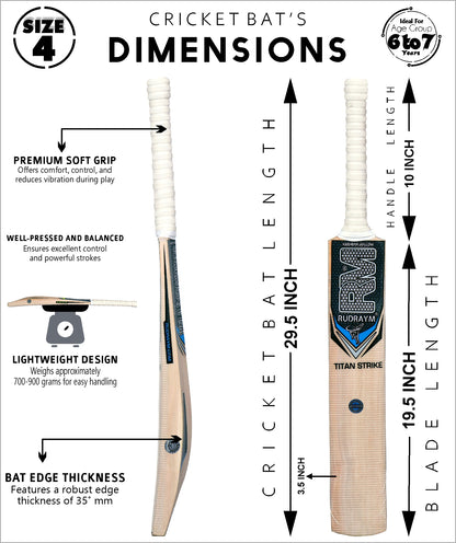 RUDRAYM Kids Cricket Bat RM TitanStrike Size 4 Kashmiri Willow Wood For Leather Ball Kashmir Willow Cricket Bat  (700-900 g) - RUDRAYM SPORTS