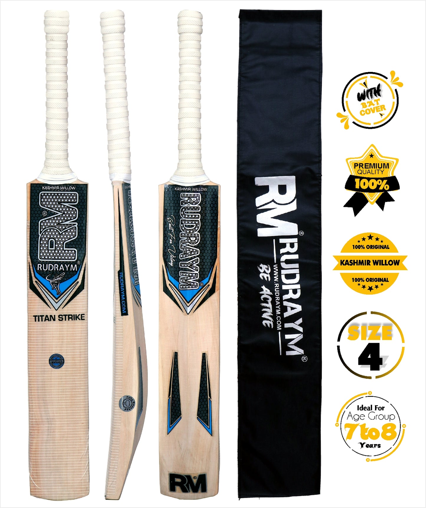 RUDRAYM Kids Cricket Bat RM TitanStrike Size 4 Kashmiri Willow Wood For Leather Ball Kashmir Willow Cricket Bat  (700-900 g) - RUDRAYM SPORTS