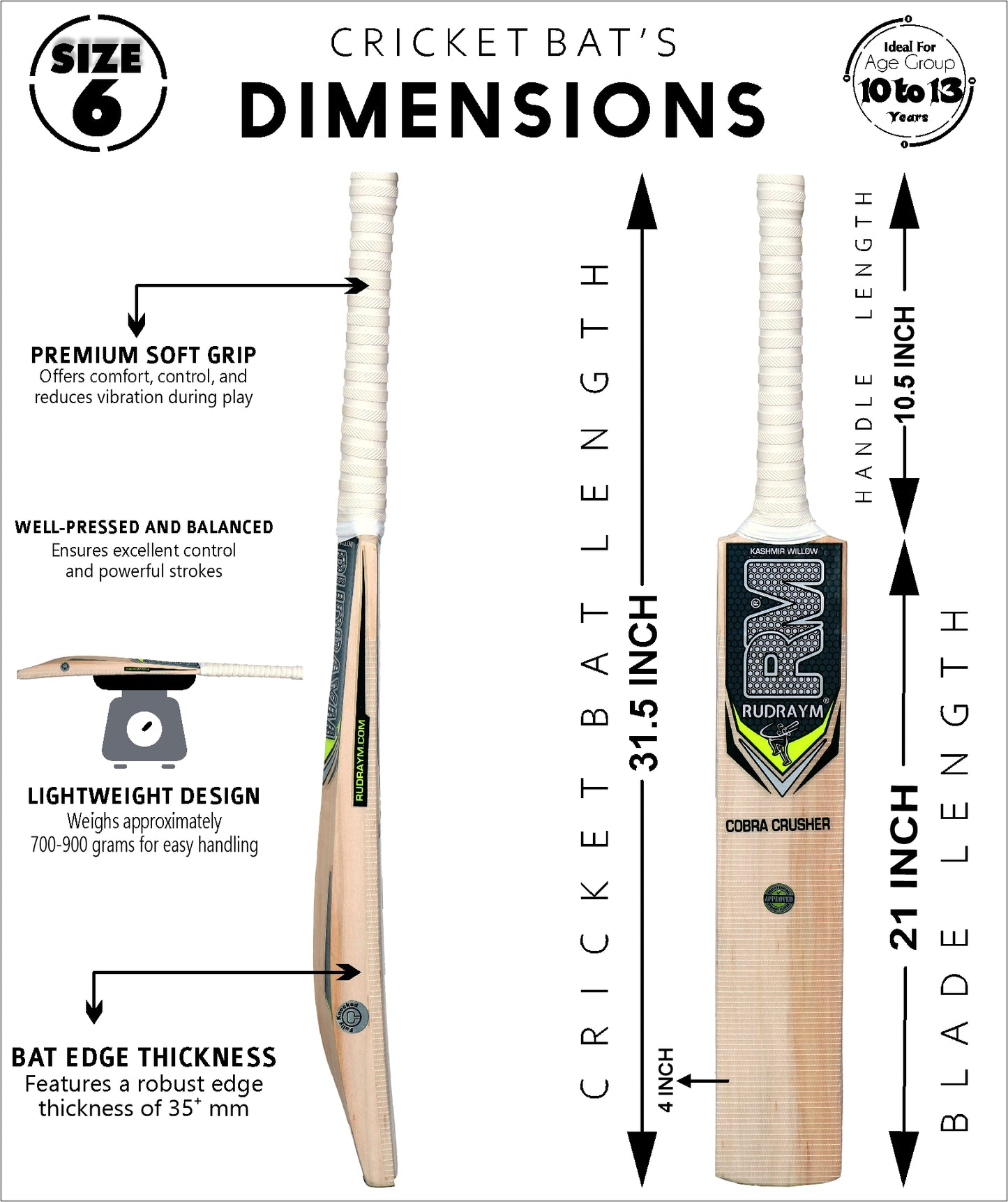 RUDRAYM Kids Cricket Bat RM CobraCrusher Size 6 Kashmiri Willow Wood For Leather Ball Kashmir Willow Cricket Bat  (700-900 g) - RUDRAYM SPORTS