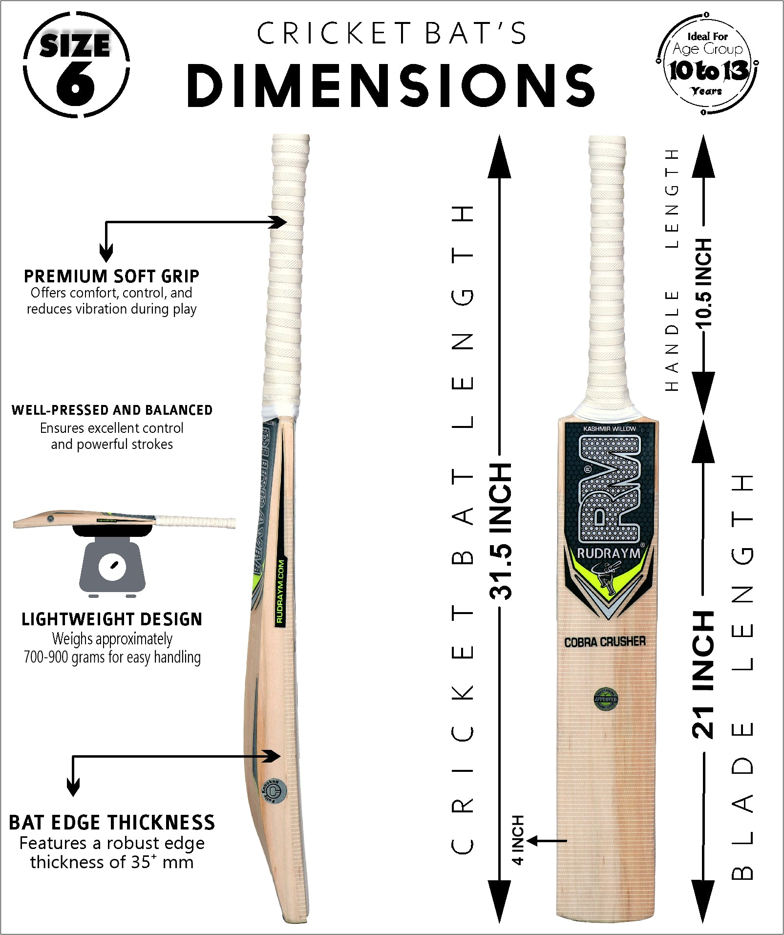 RUDRAYM Kids Cricket Bat RM CobraCrusher Size 6 Kashmiri Willow Wood For Leather Ball Kashmir Willow Cricket Bat  (700-900 g) - RUDRAYM SPORTS