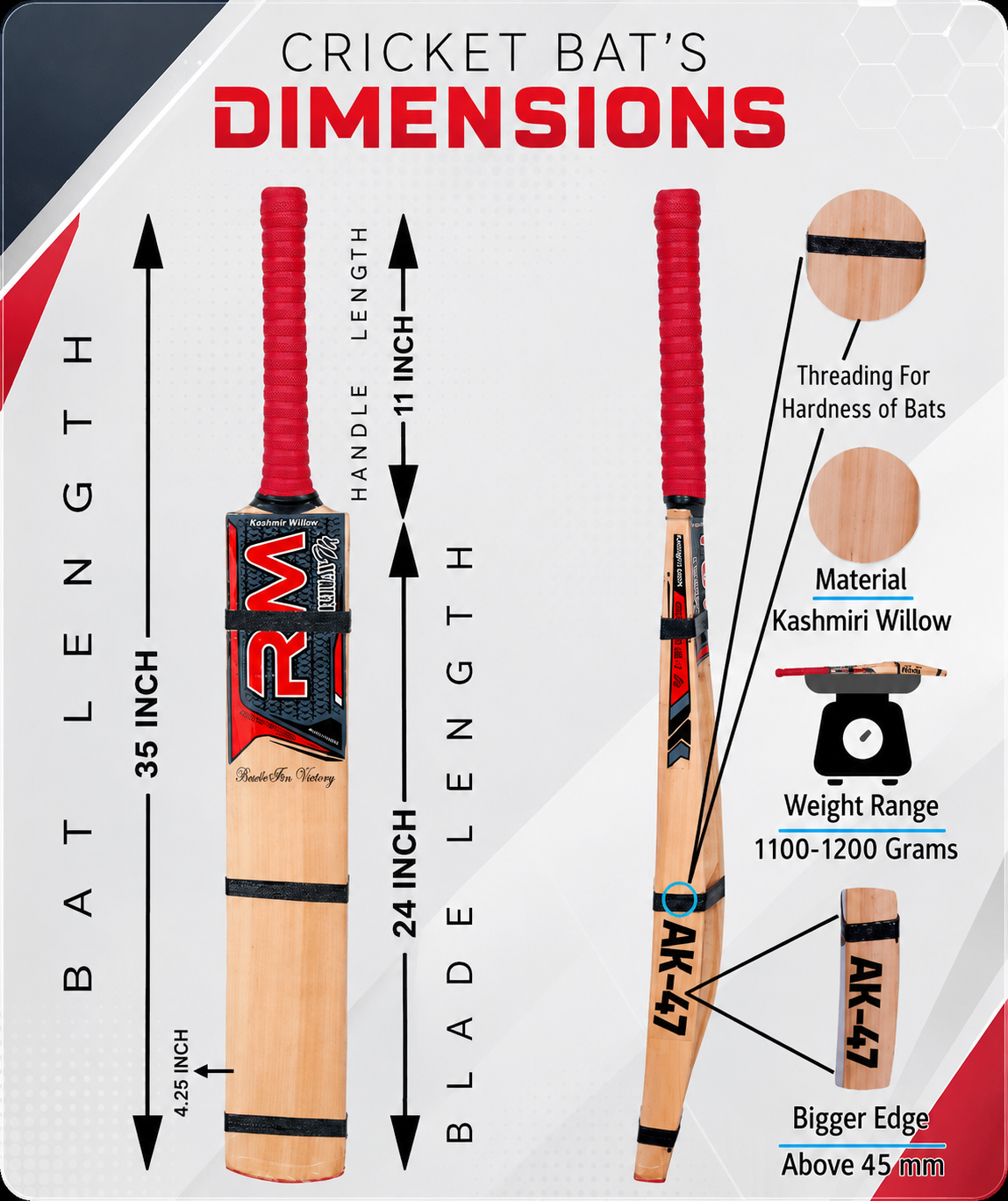 RUDRAYM RM AK47 Hard Tennis Cricket Bat dimensions showing 35 inch length and bat measurements