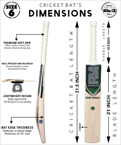 RUDRAYM RM BlazeHammer Size 6 Kashmir Willow Cricket Bat dimensions showing 31.5 inch length, 700-900 gram weight and bat measurements