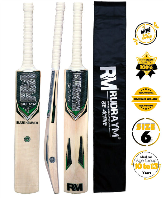RUDRAYM RM BlazeHammer Size 6 Kashmir Willow Cricket Bat with protective bat cover showing multiple views