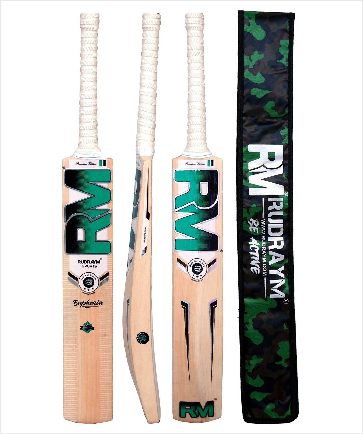 RUDRAYM RM Euphoria English Willow Cricket Bat showing multiple views with protective bat cover