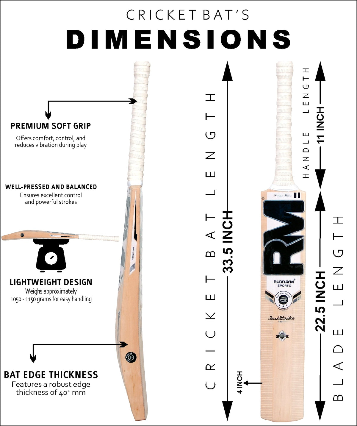 RUDRAYM SoulStrike English Willow cricket bat dimensions and specifications