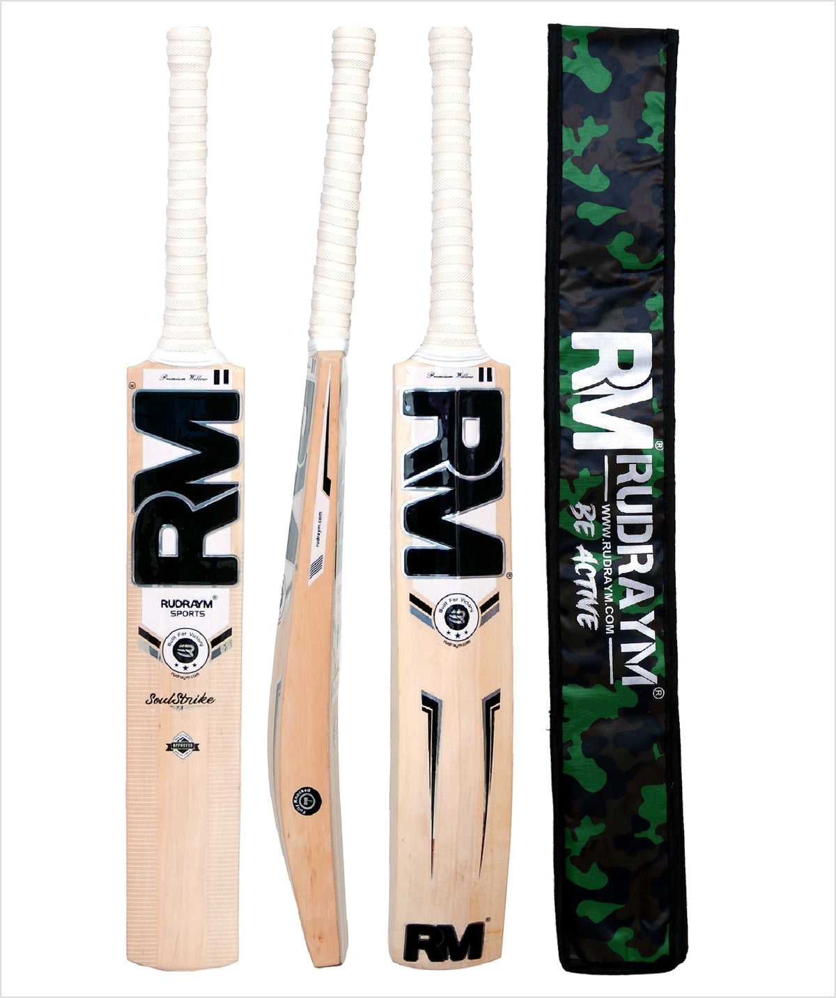 RUDRAYM SoulStrike English Willow cricket bat multiple views with cover