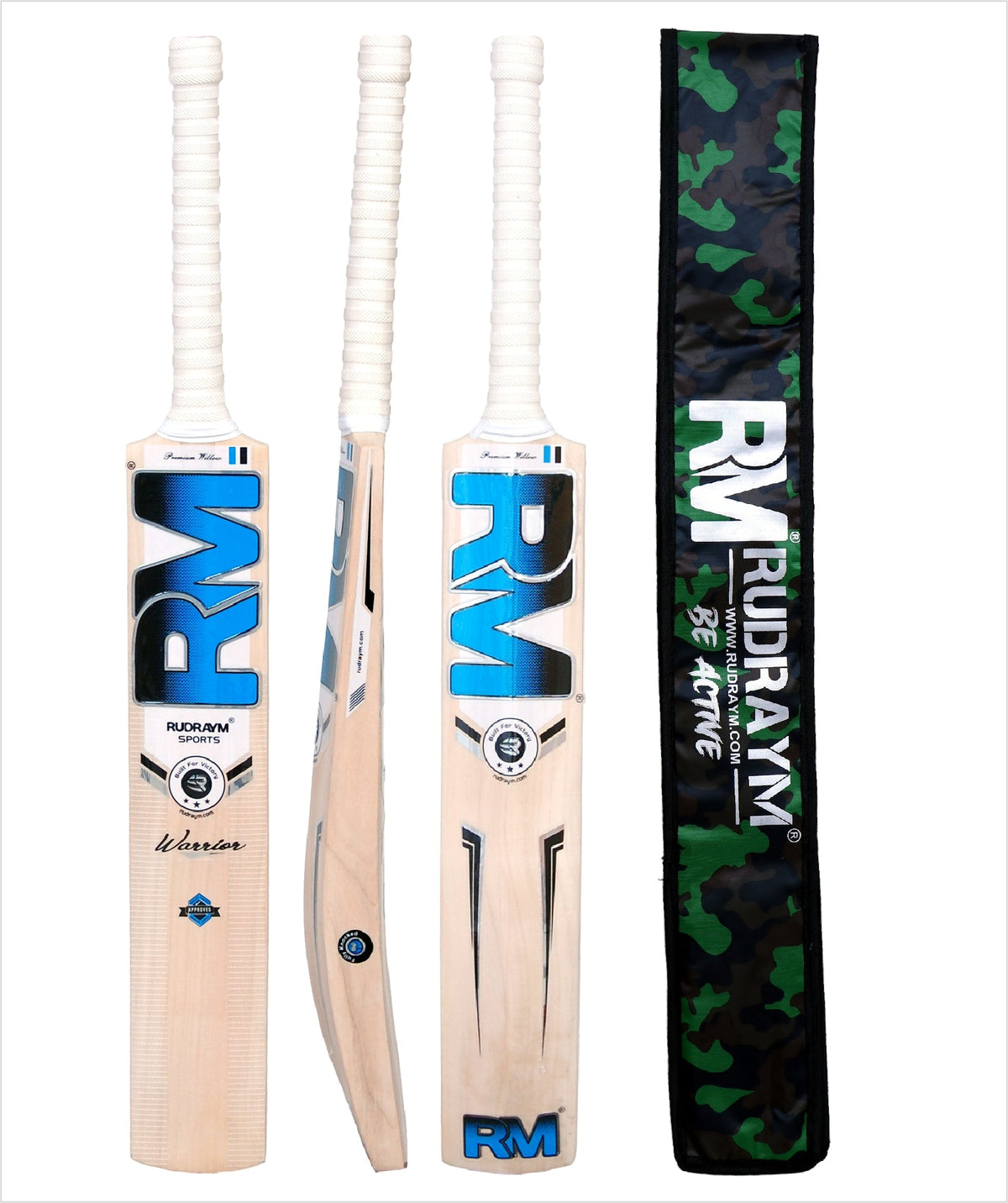 RUDRAYM Warrior English Willow cricket bat multiple views with protective cover
